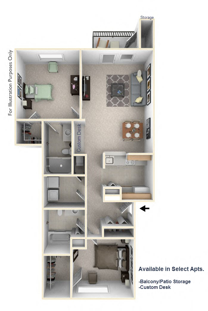 Floor plan for 2 beds, 2 baths, 1045 sqft